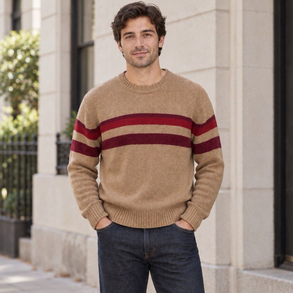 Woolrich & Co Made in Italy Tan Burgundy Stripe Crewneck Sweater